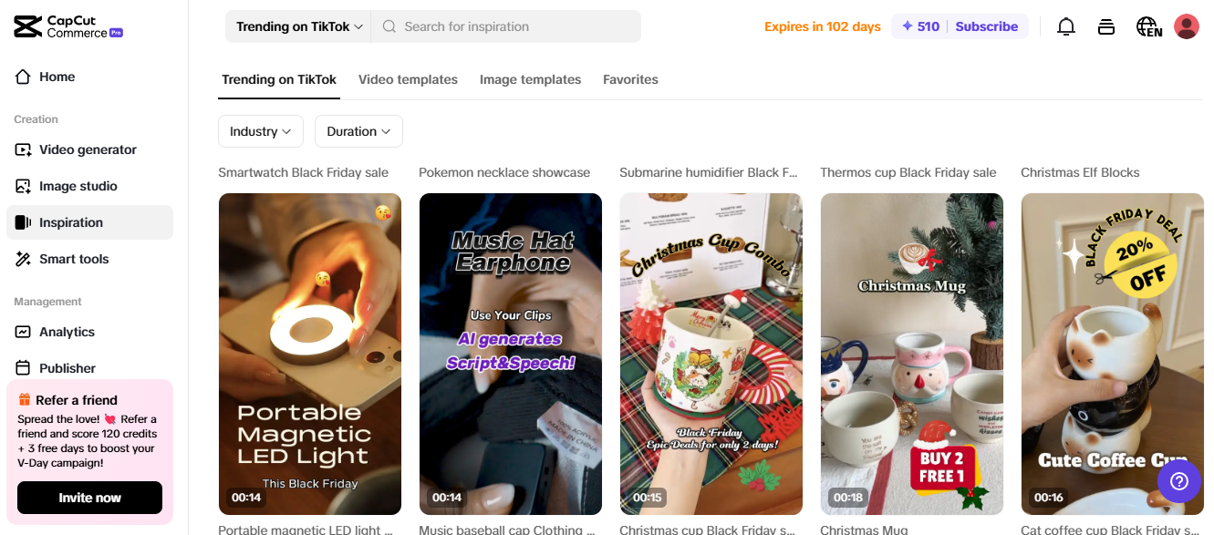 Pippit showcasing trending TikTok videos for mobile eCommerce with Black Friday product deals.